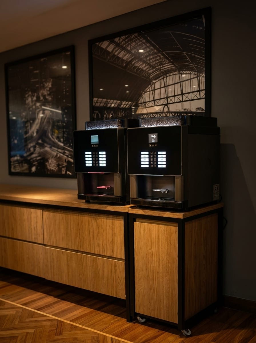 Máquinas de bebidas quentes instaladas em ambiente corporativo
